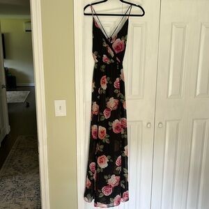 Lulus black maxi dress with pink floral design